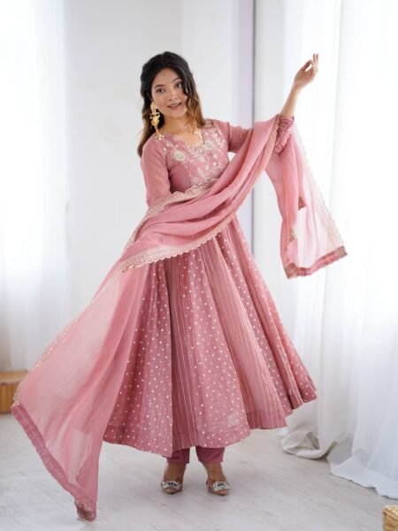 Falak Embroidered Baby Pink Crunchy Silk Flared Anarkali Set