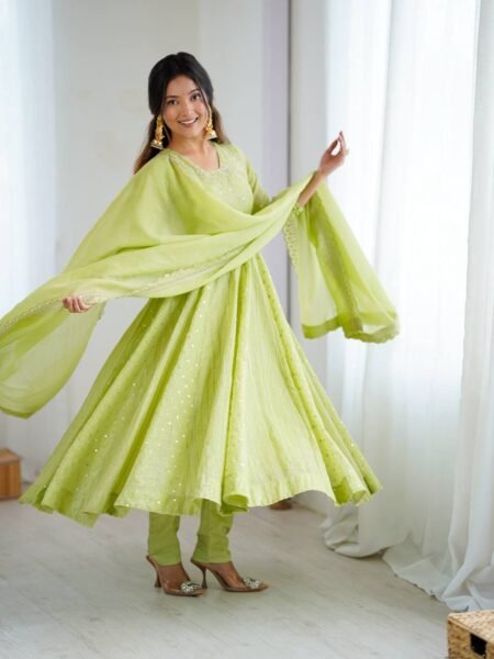 Falak Embroidered Light Green Crunchy Silk Flared Anarkali Set