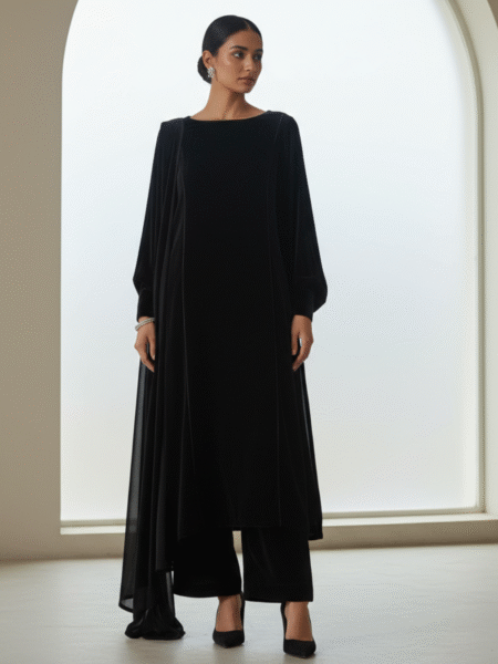 Black Velvet Long Straight Kurta Suit for Winter with Dupatta
