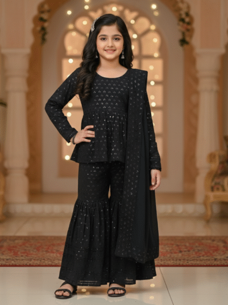 Black Chikankari Kurta Sharara Suit for Kids