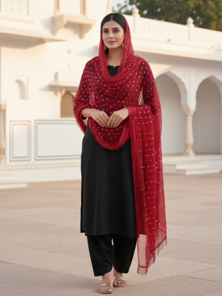 Black Cotton Kurta Salwar Suit for Women with Chiffon Dupatta
