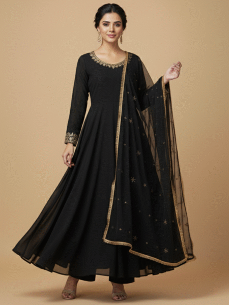 Gorgeous Black Georgette Embroidered Anarkali Set