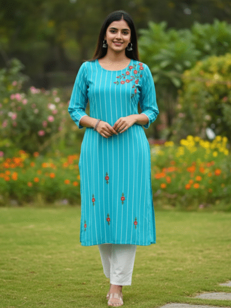 Classy Blue Thread Embroidery Kurta with Bottom