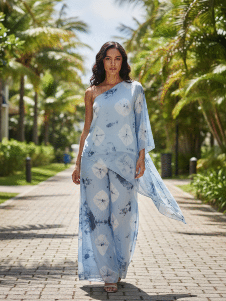 Classy Blue Printed One Shoulder Co-ord Set for Women