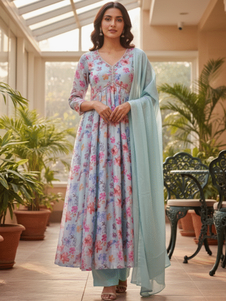 Elegant Digital Printed Anarkali with Bottom & Dupatta