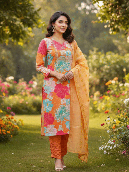 Beautiful Orange Cotton Printed & Embroidered Kurta Set