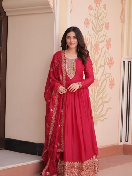 Classy Pink Georgette Zari & Sequins Embroidery Anarkali Gown
