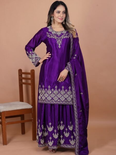 Alluring Purple Coding Sequins Embroidery with Moti work Sharara Set