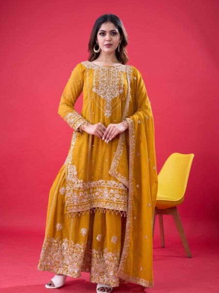 Traditional Yellow Embroidery with Coding Dori & Moti work Sharara Set