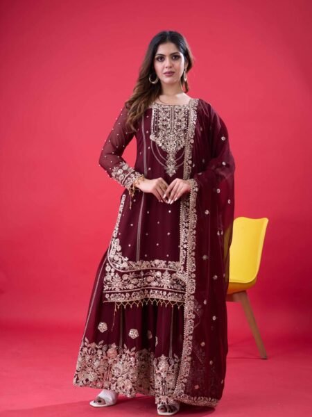 Traditional Maroon Georgette Embroidery with Coding Dori, Sequins & Moti work Sharara Set