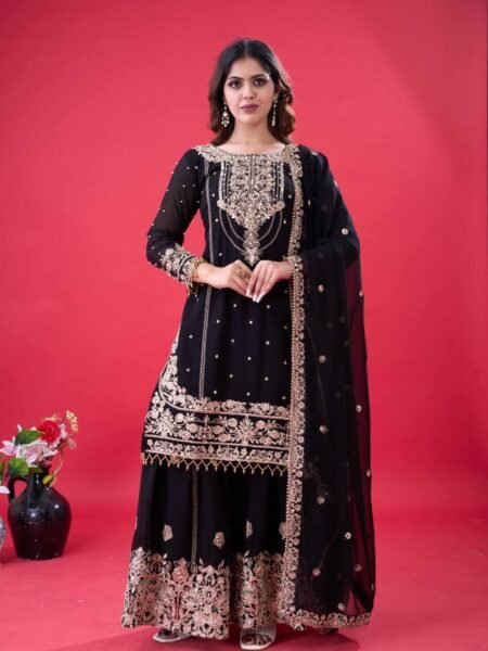 Traditional Black Georgette Embroidery with Coding Dori & Moti work Sharara Set