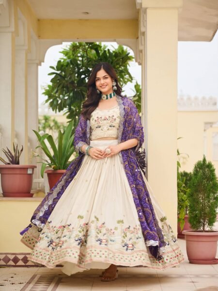 Beautiful Off White Tissue Silk Embroidery with Sequins & Thread work Lehenga Choli