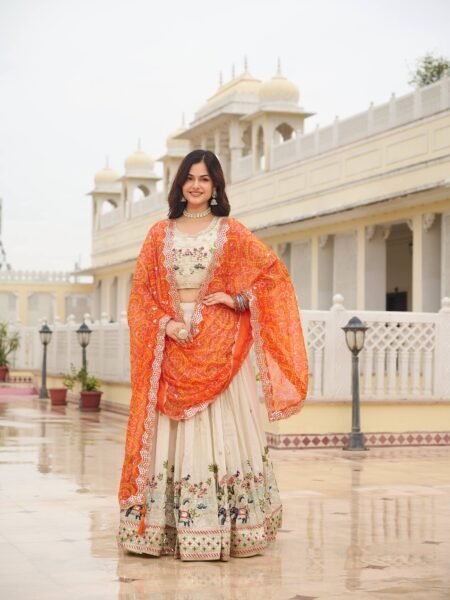 Beautiful Off White Silk Embroidered Sequins work Lehenga Choli With Orange Dupatta