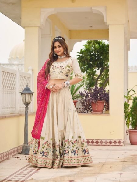 Beautiful Off White Tissue Silk Embroidered Sequins work Lehenga Choli with Pink Dupatta