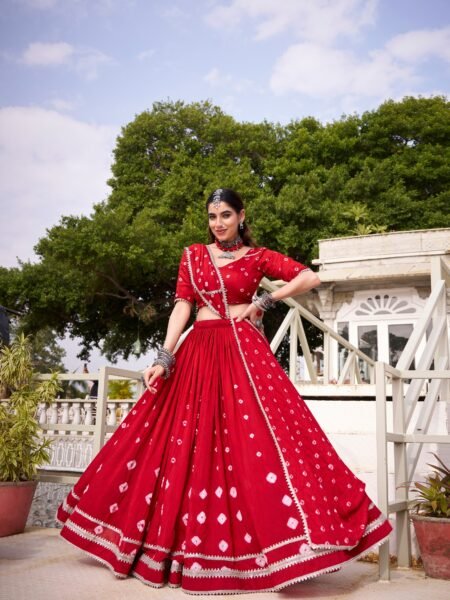 Ethnic Red Chanderi Bandhej Print Flared Lehenga Choli