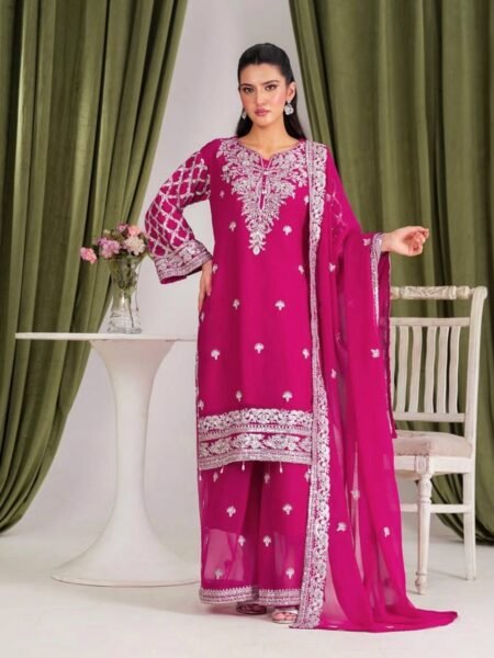 Ethnic Magenta Faux Georgette Silk Embroidered Palazzo Set