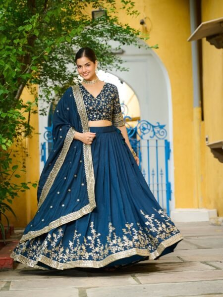 Traditional Blue Vichitra Silk with Sequins Embroidered work Lehenga Choli
