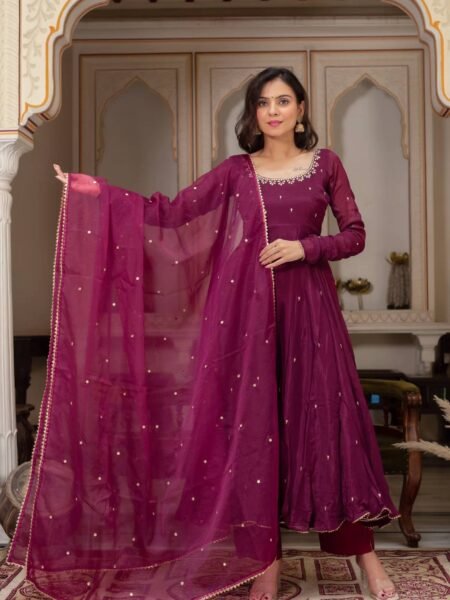 Beautiful Pink Georgette Sequins Embroidery Full Flared Anarkali Set