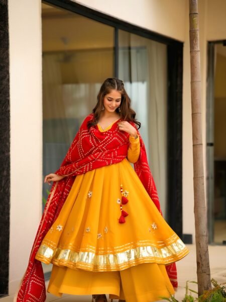 Beautiful Yellow Chinon Handmade Gottapatti work Anarkali Set