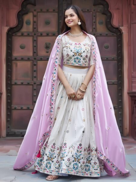 Gorgeous Off white Georgette Mirror Work Lehenga Choli With Pink Dupatta