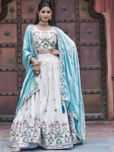 Gorgeous Off white Georgette Mirror Work Lehenga Choli With Sky Blue Dupatta
