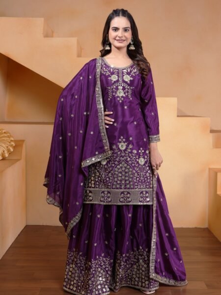 Ethnic Purple Chinon Sequins Embroidery Work Sharara Set