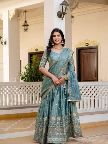 Traditional Teal Gold Crush Embroidery Work with Canvas Lehenga Choli