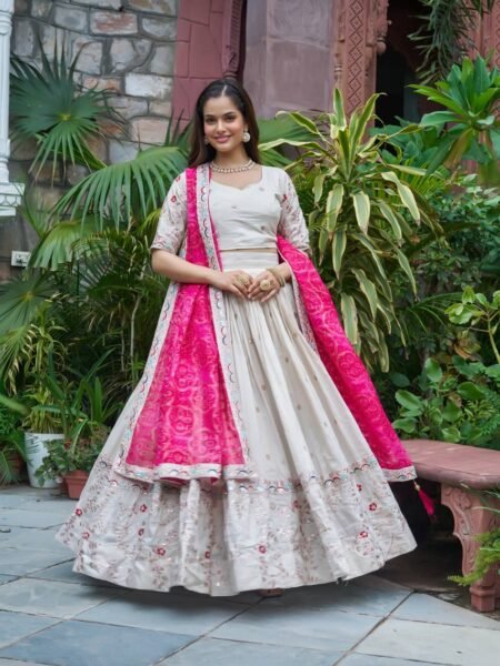 Traditional Silk Cording Sequins Embroidery Lehenga Choli with Pink Bandhani Dupatta