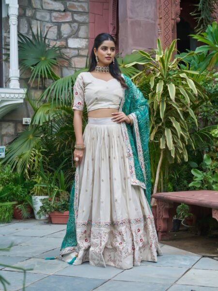 Traditional Silk Cording Sequins Embroidery Lehenga Choli with Green Bandhani Dupatta