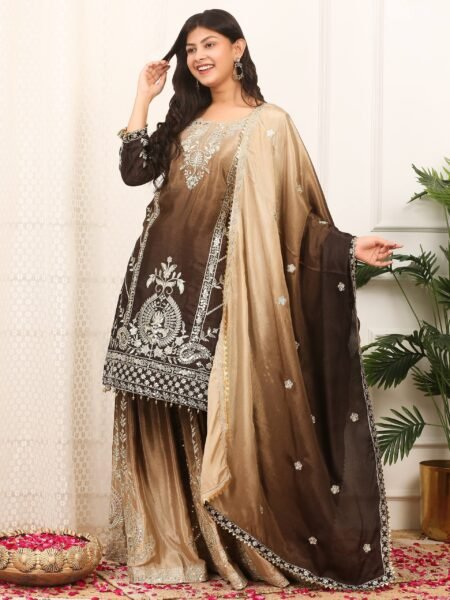 Festive Brown Chinon Sequins Embroidered & Lace Work Kurta Palazzo set