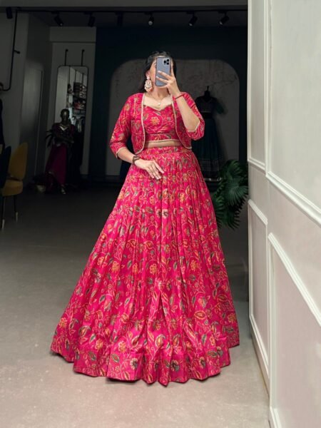 Elegant Pink Tasar Silk Floral Printed Gota Patti work Lehenga Choli With Koti