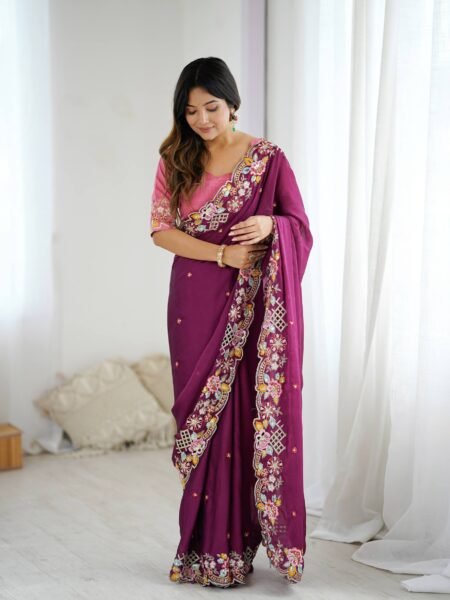 Premium Crush Thread & Sequins Embroidery Saree & Blouse