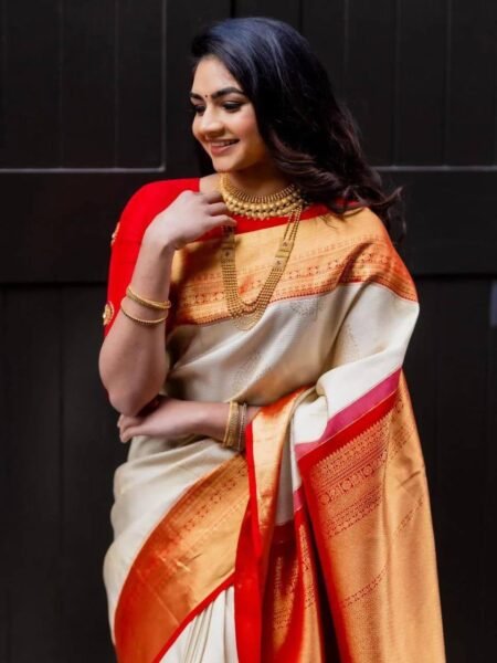 Alluring Lichi Silk Jacquard Word Saree with Contrast Blouse
