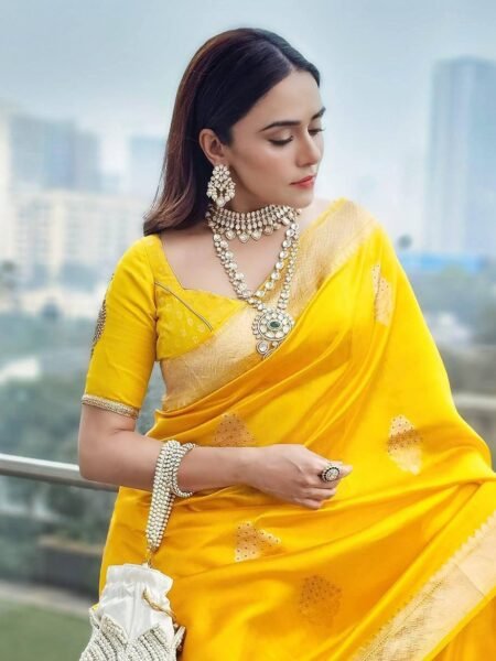 Gorgeous Yellow Lichi Silk Saree with Jacquard & Embroidery Work
