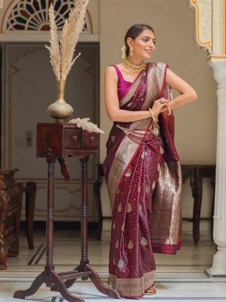Beautiful Red Lichi Silk Saree & Blouse with Jacquard Work
