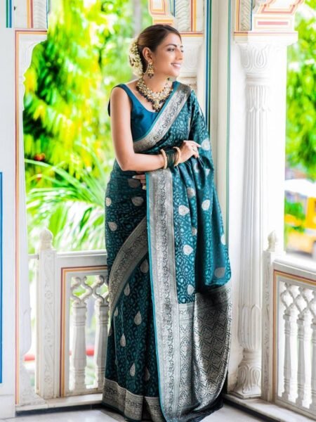 Beautiful Blue Lichi Silk Saree & Blouse with Jacquard Work