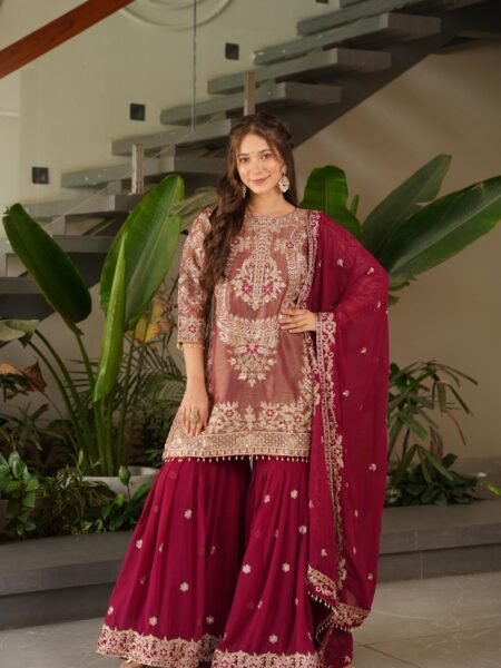 Beautiful Maroon Silk Coding & Sequins Embroidered Kurta with Palazzo & Dupatta