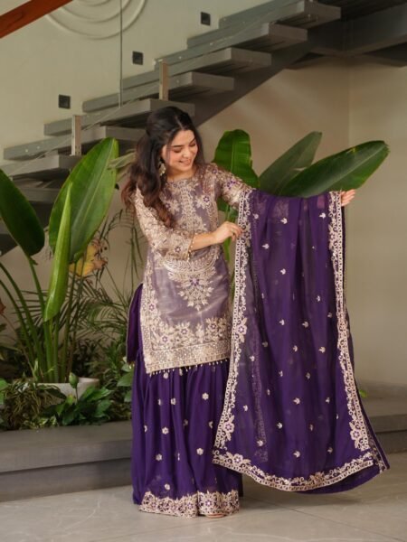 Beautiful Purple Silk Coding & Sequins Embroidered Kurta with Palazzo & Dupatta