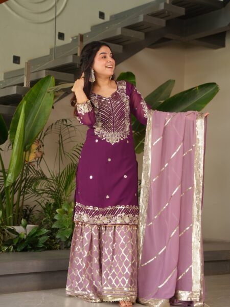 Designer Wine Georgette Embroidery and Sequins Work Kurta Palazzo Set