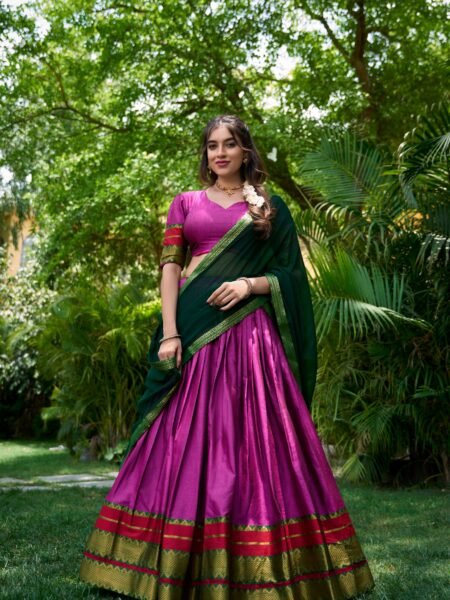 Elegant Pink Zari work Lehenga Choli with Lace Border Dupatta