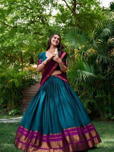 Elegant Teal Zari work Lehenga Choli with Lace Border Dupatta