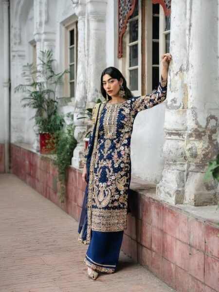 Alluring Navy Blue Georgette Sequins & Zari Embroidery Kurta Palazzo Set