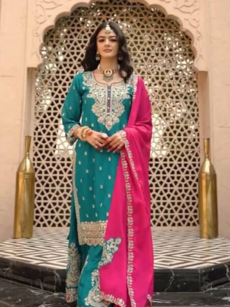 Premium Silk Embroidered Teal Kurta Palazzo Set for Festivals