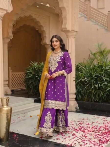 Premium Silk Embroidered Purple Kurta Palazzo Set for Festivals