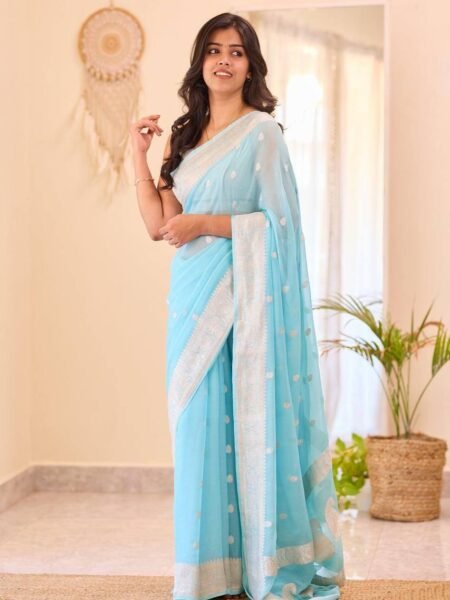 Elegant Lilen Sky Blue Saree with Jacquard Weaving & Contrast Blouse