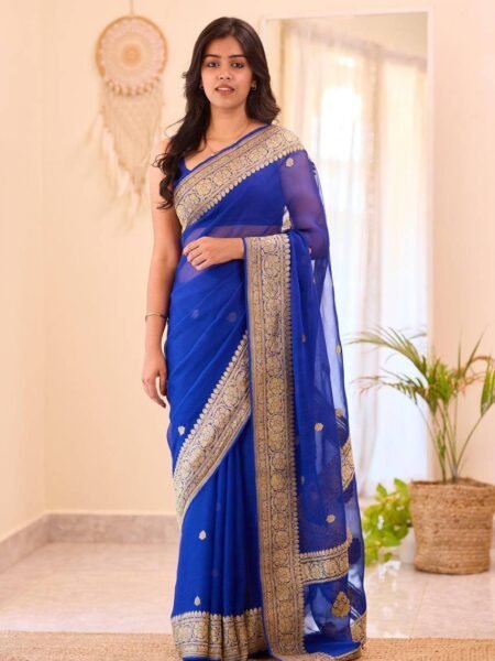 Elegant Lilen Blue Saree with Jacquard Weaving & Contrast Blouse