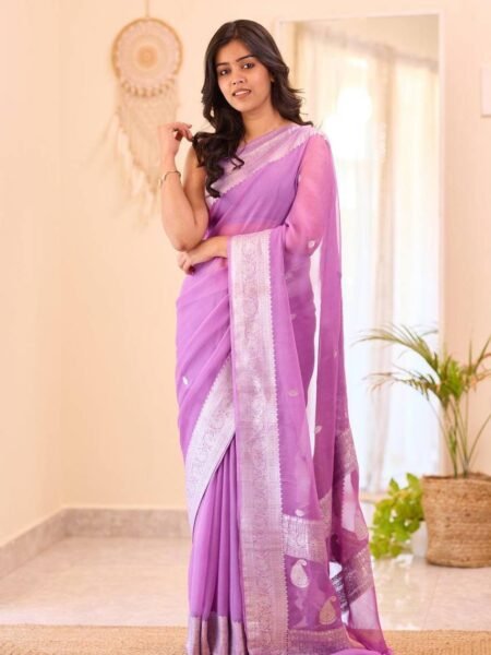Elegant Lilen Pink Saree with Jacquard Weaving & Contrast Blouse