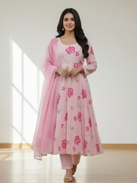 Beautiful Baby Pink Chinon Printed Anarkali Set
