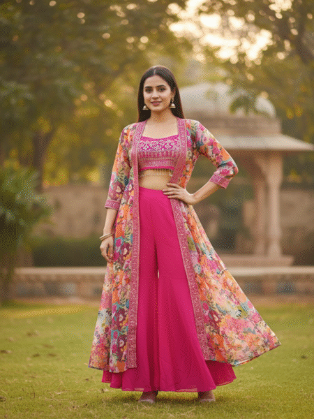 Traditional Georgette Embroidery & Digital Printed Shrug Set