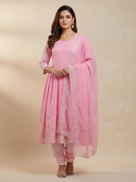 Elegant Baby Pink Georgette Embroidered Anarkali Set
